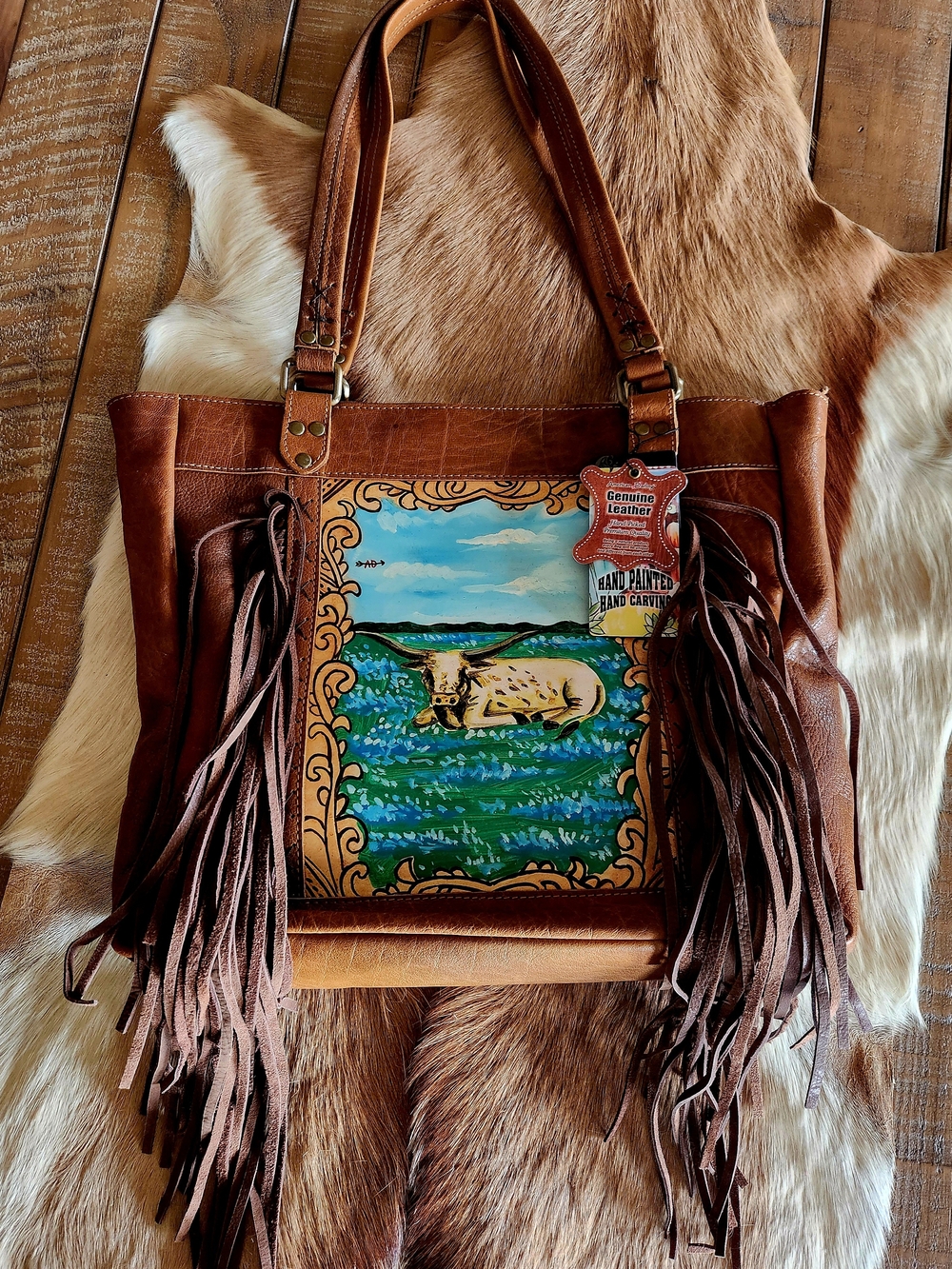 Hand-Painted Leather Fringe Tote Bag - Brown with Scenic Panel